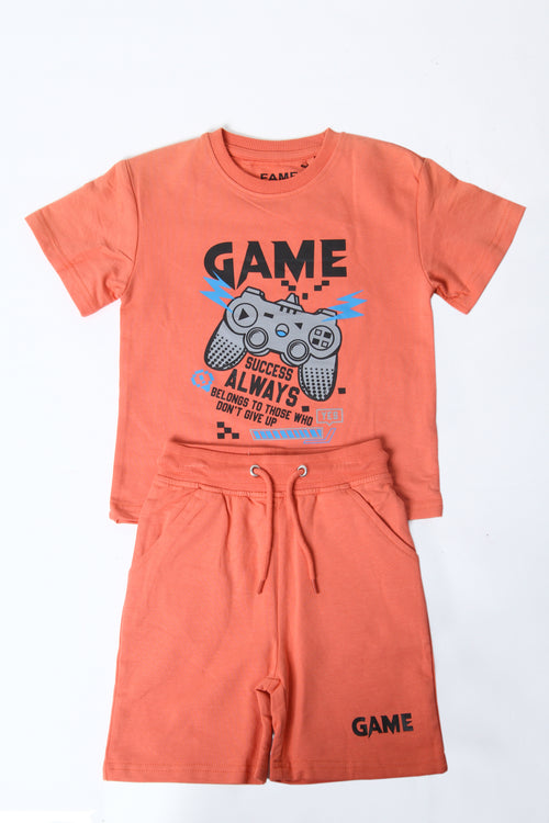 Kids Boys Gaming Graphic T-Shirt and Shorts Set - Peach/Coral