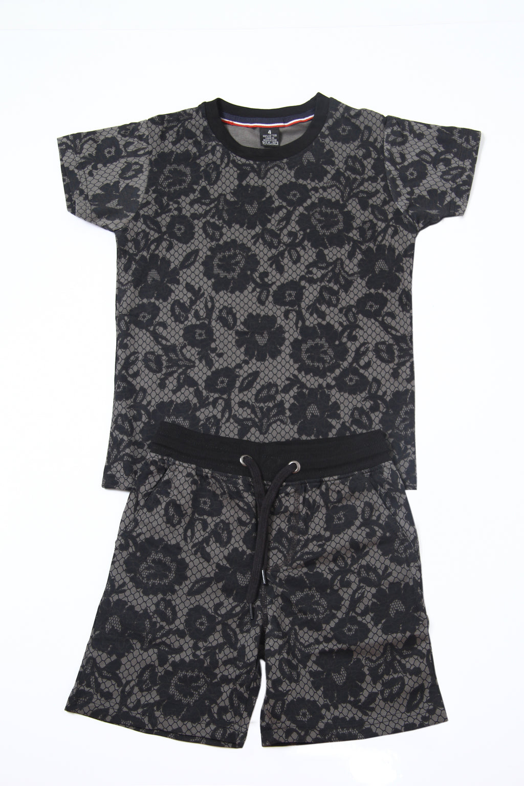 Boys 2-Piece Summer Outfit, Short Sleeve T-Shirt and Shorts, Black Floral Lace Print, Casual Streetwear Co-ord Set