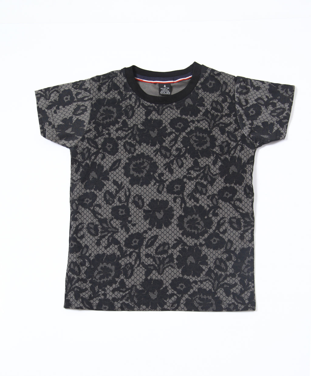 Boys 2-Piece Summer Outfit, Short Sleeve T-Shirt and Shorts, Black Floral Lace Print, Casual Streetwear Co-ord Set