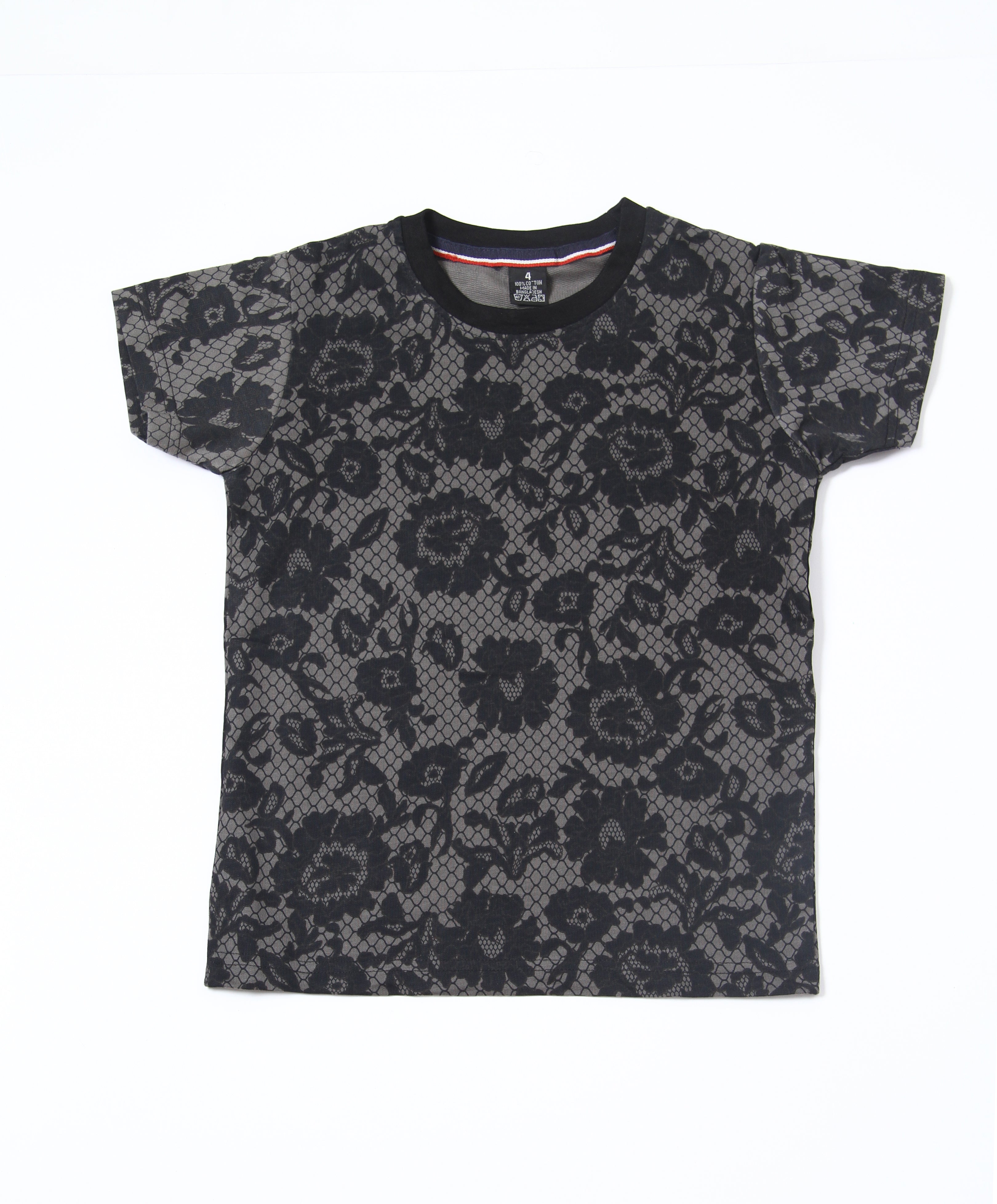 Boys 2-Piece Summer Outfit, Short Sleeve T-Shirt and Shorts, Black Floral Lace Print, Casual Streetwear Co-ord Set