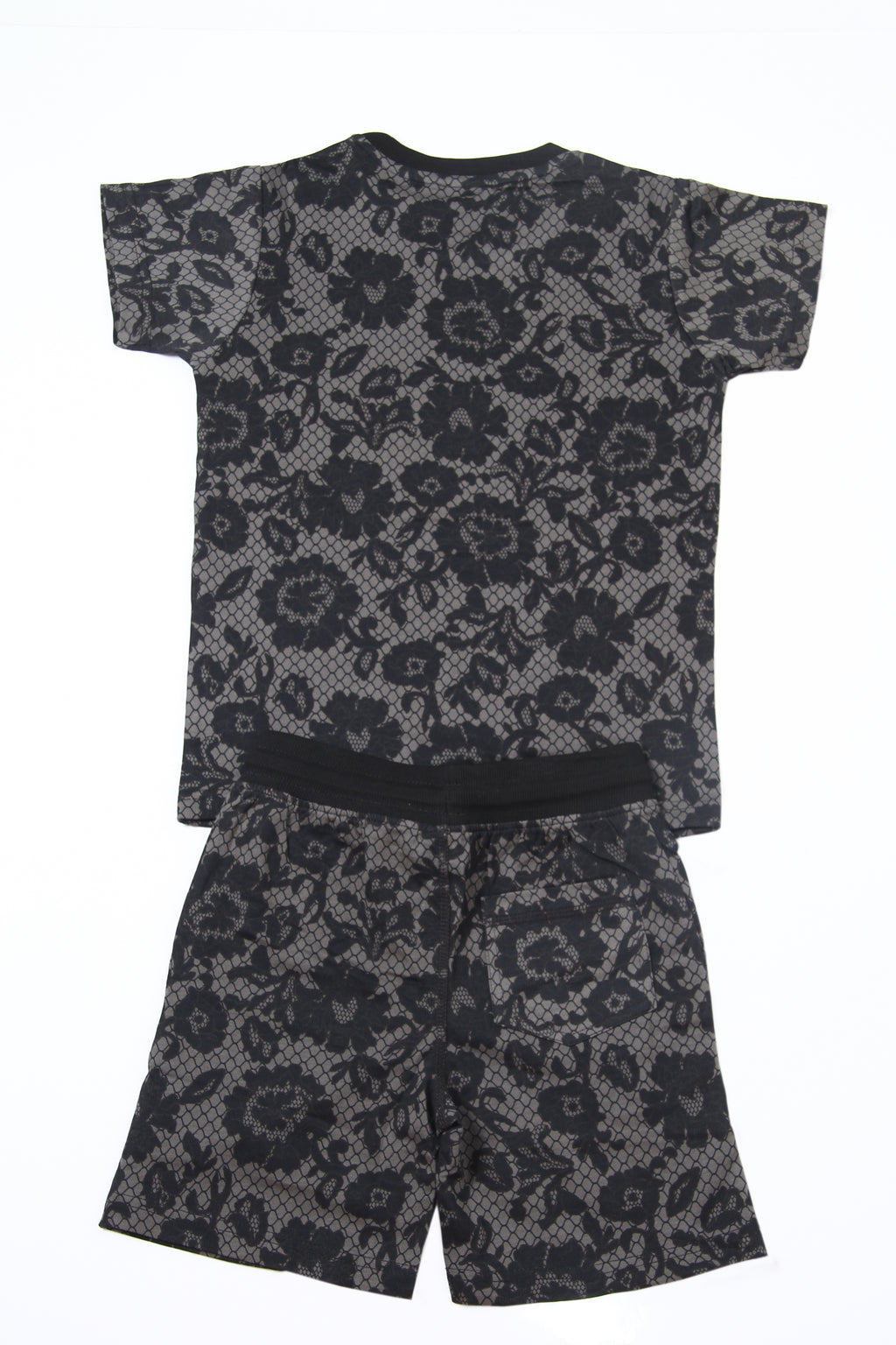 Boys 2-Piece Summer Outfit, Short Sleeve T-Shirt and Shorts, Black Floral Lace Print, Casual Streetwear Co-ord Set