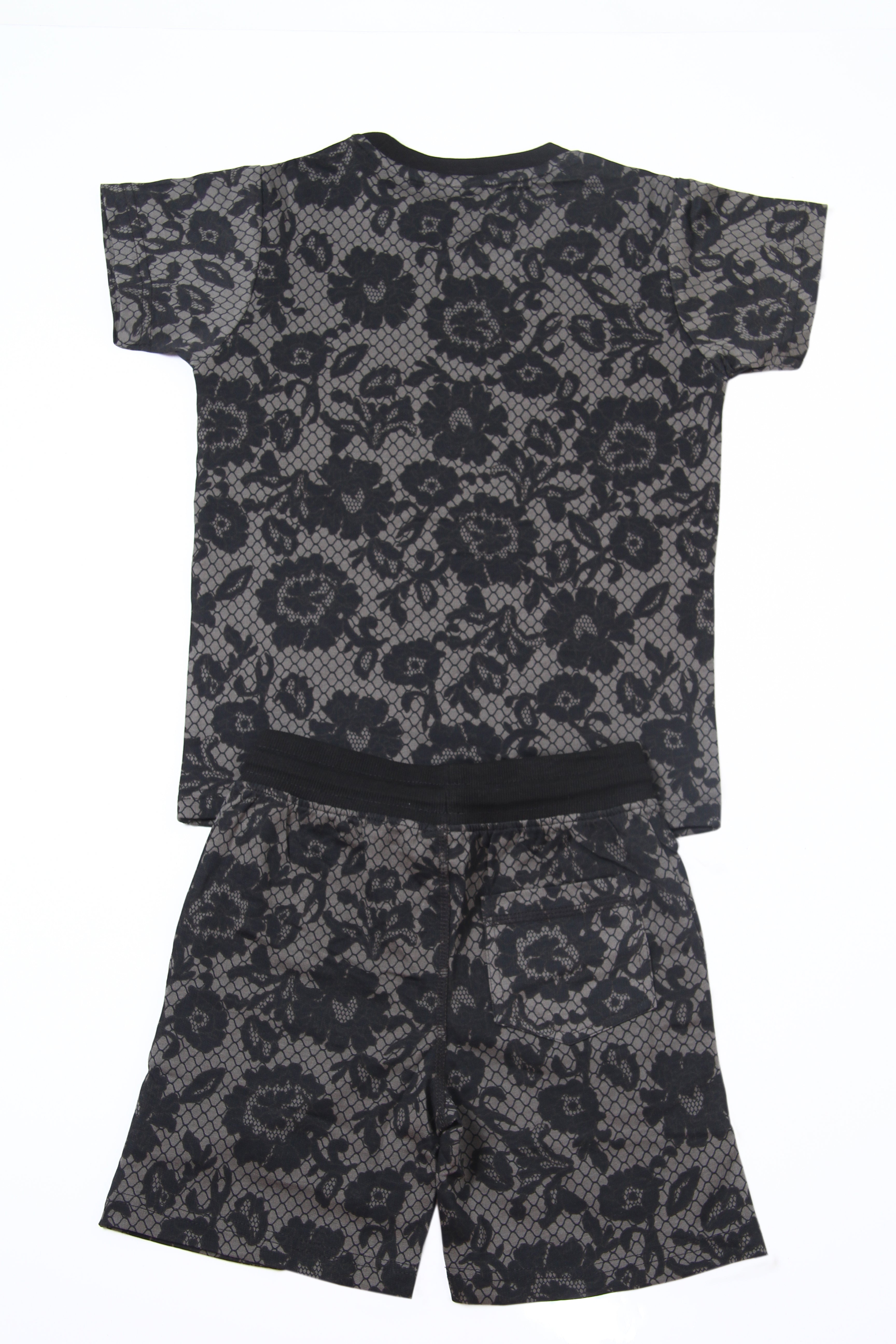 Boys 2-Piece Summer Outfit, Short Sleeve T-Shirt and Shorts, Black Floral Lace Print, Casual Streetwear Co-ord Set