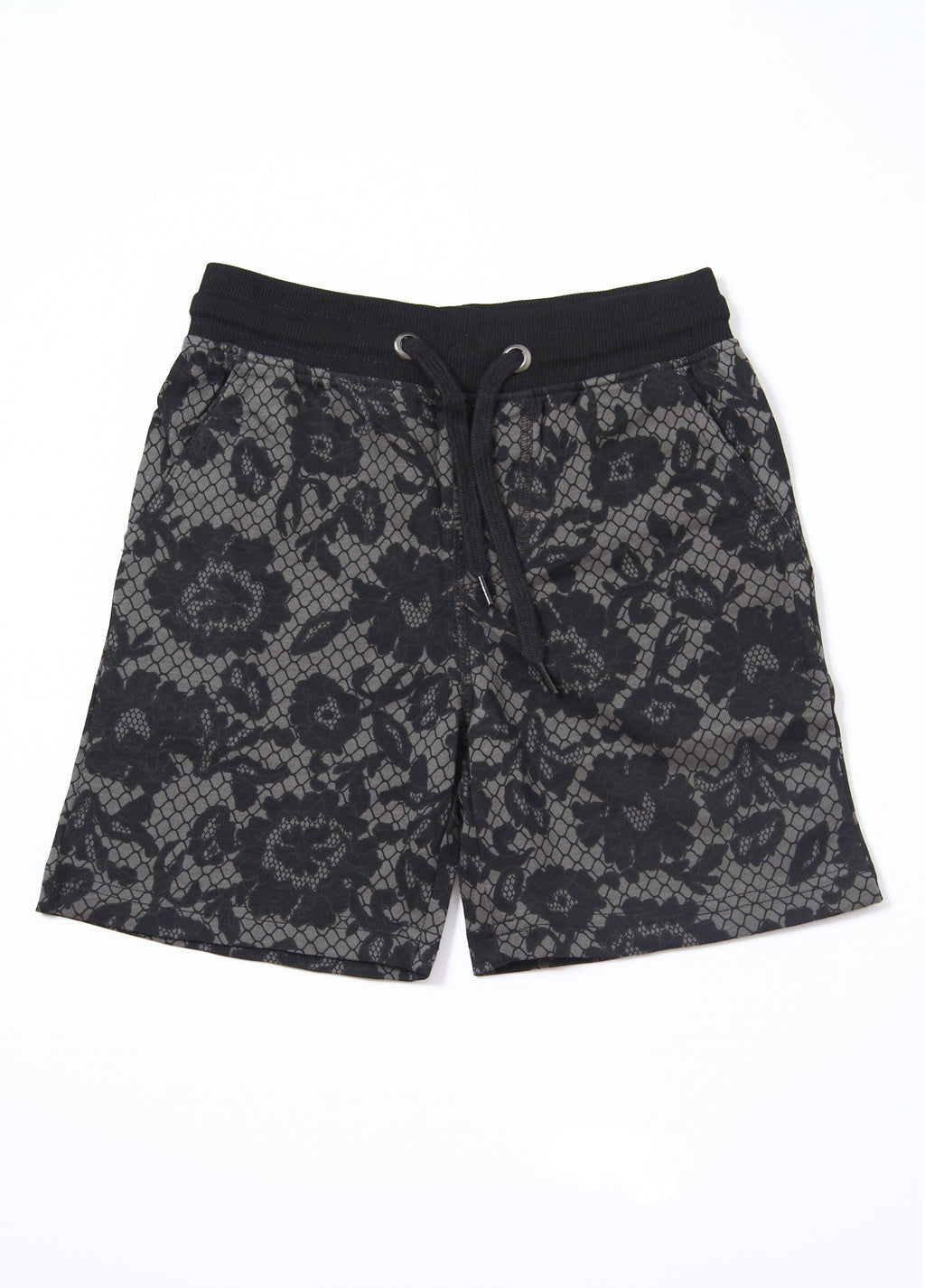 Boys 2-Piece Summer Outfit, Short Sleeve T-Shirt and Shorts, Black Floral Lace Print, Casual Streetwear Co-ord Set