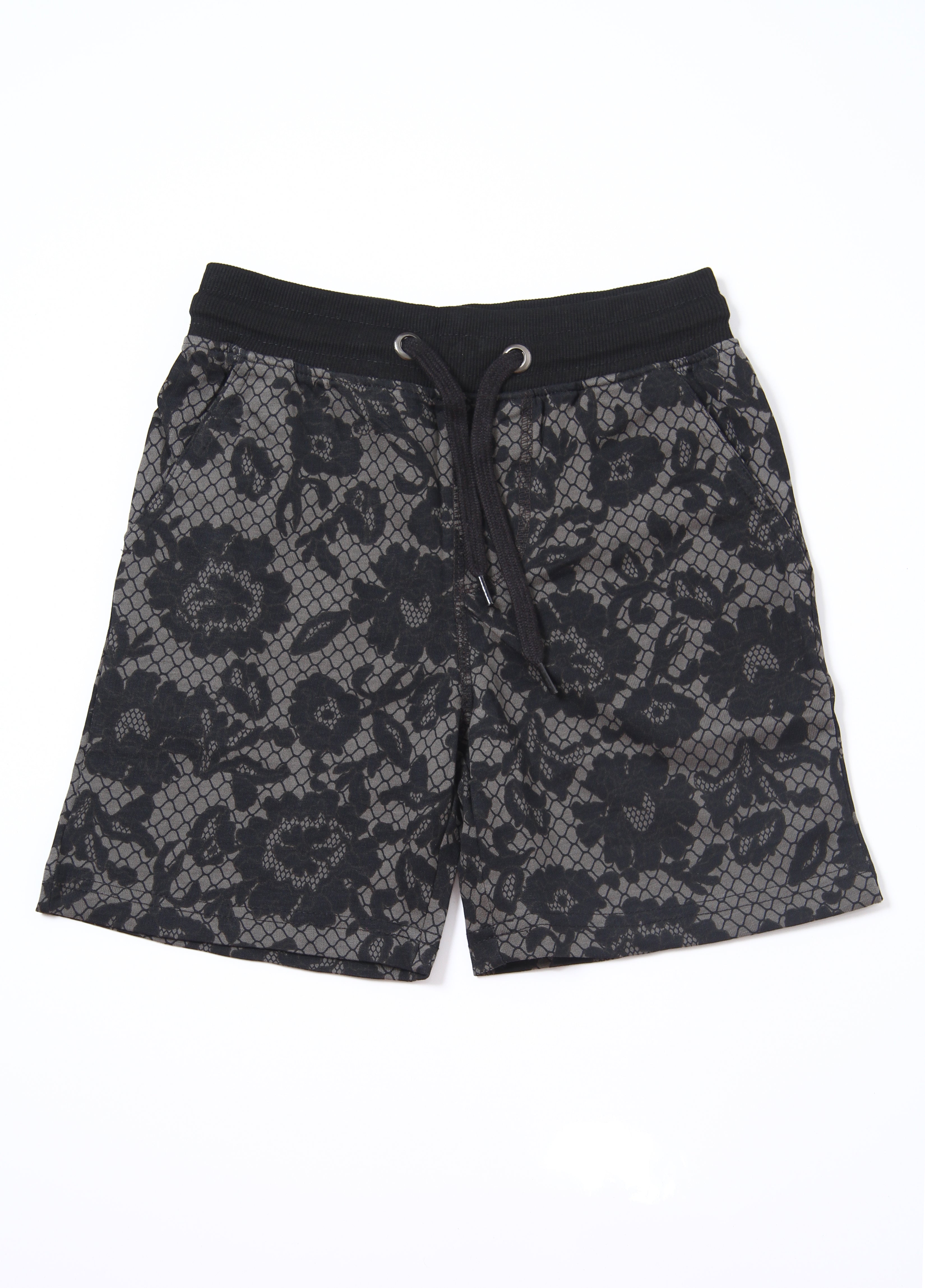 Boys 2-Piece Summer Outfit, Short Sleeve T-Shirt and Shorts, Black Floral Lace Print, Casual Streetwear Co-ord Set