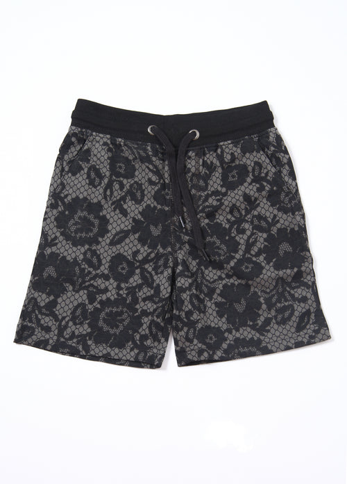 Boys 2-Piece Summer Outfit, Short Sleeve T-Shirt and Shorts, Black Floral Lace Print, Casual Streetwear Co-ord Set