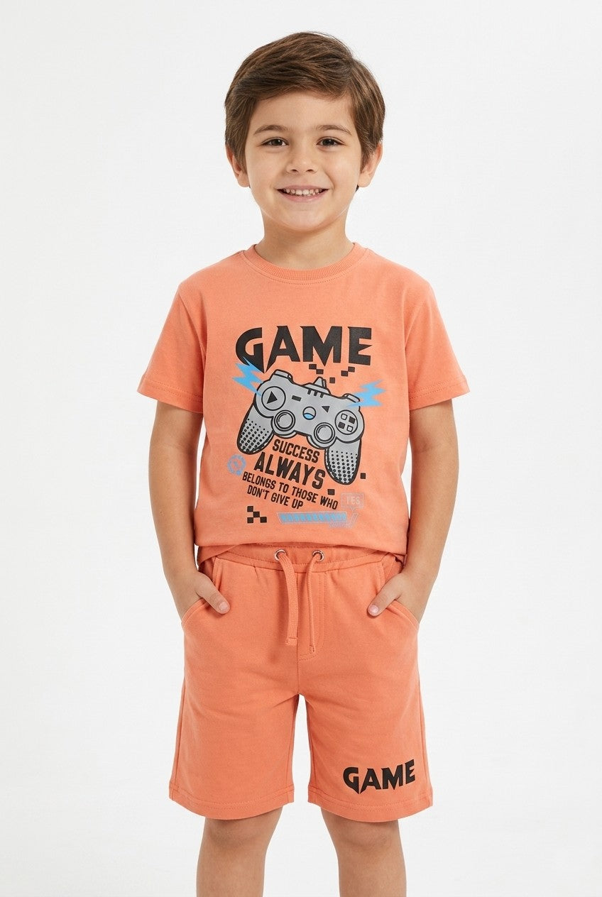 Kids Boys Gaming Graphic T-Shirt and Shorts Set - Peach/Coral
