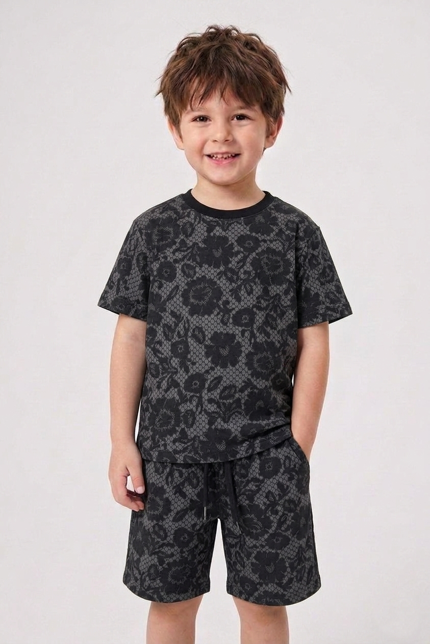 Boys 2-Piece Summer Outfit, Short Sleeve T-Shirt and Shorts, Black Floral Lace Print, Casual Streetwear Co-ord Set