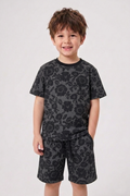 Boys 2-Piece Summer Outfit, Short Sleeve T-Shirt and Shorts, Black Floral Lace Print, Casual Streetwear Co-ord Set